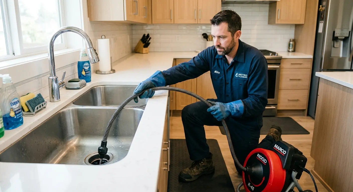 Drain cleaning technician using a motorized snake on a kitchen sink in Upper Saucon
