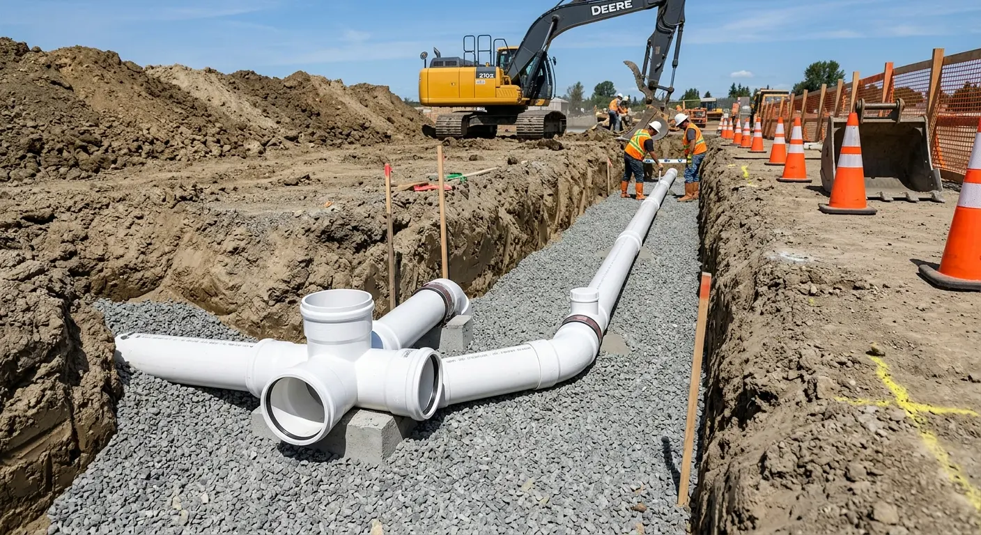 New PVC sewer pipe installation in open trench for Commercial Drain Cleaning in Upper Saucon
