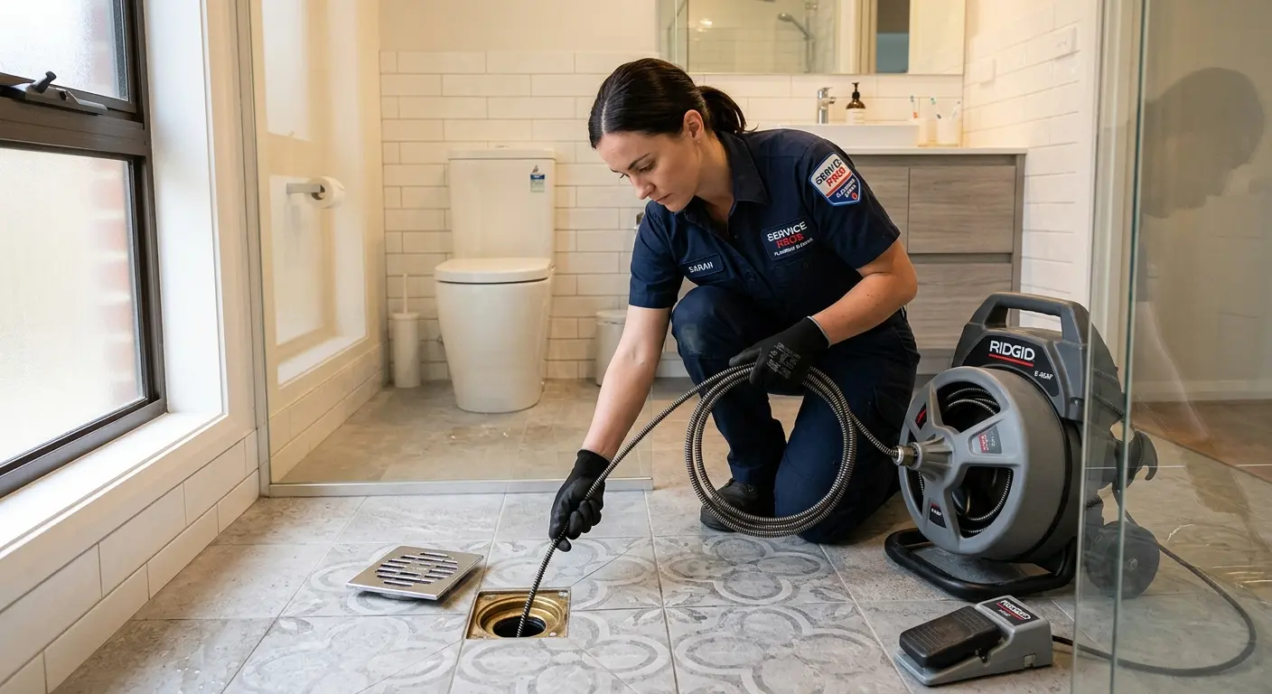 Technician clearing a bathroom floor drain for Drain Cleaning in Upper Saucon